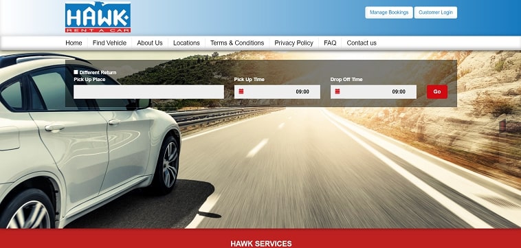 Hawk Rent A Car's homepage