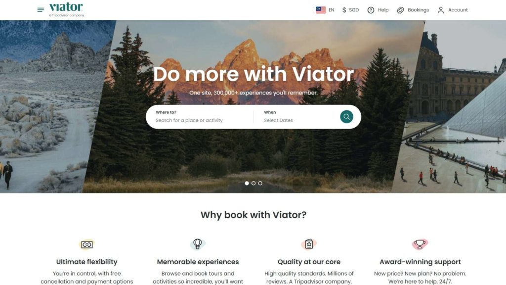 Screenshot of the main page of the Viator website